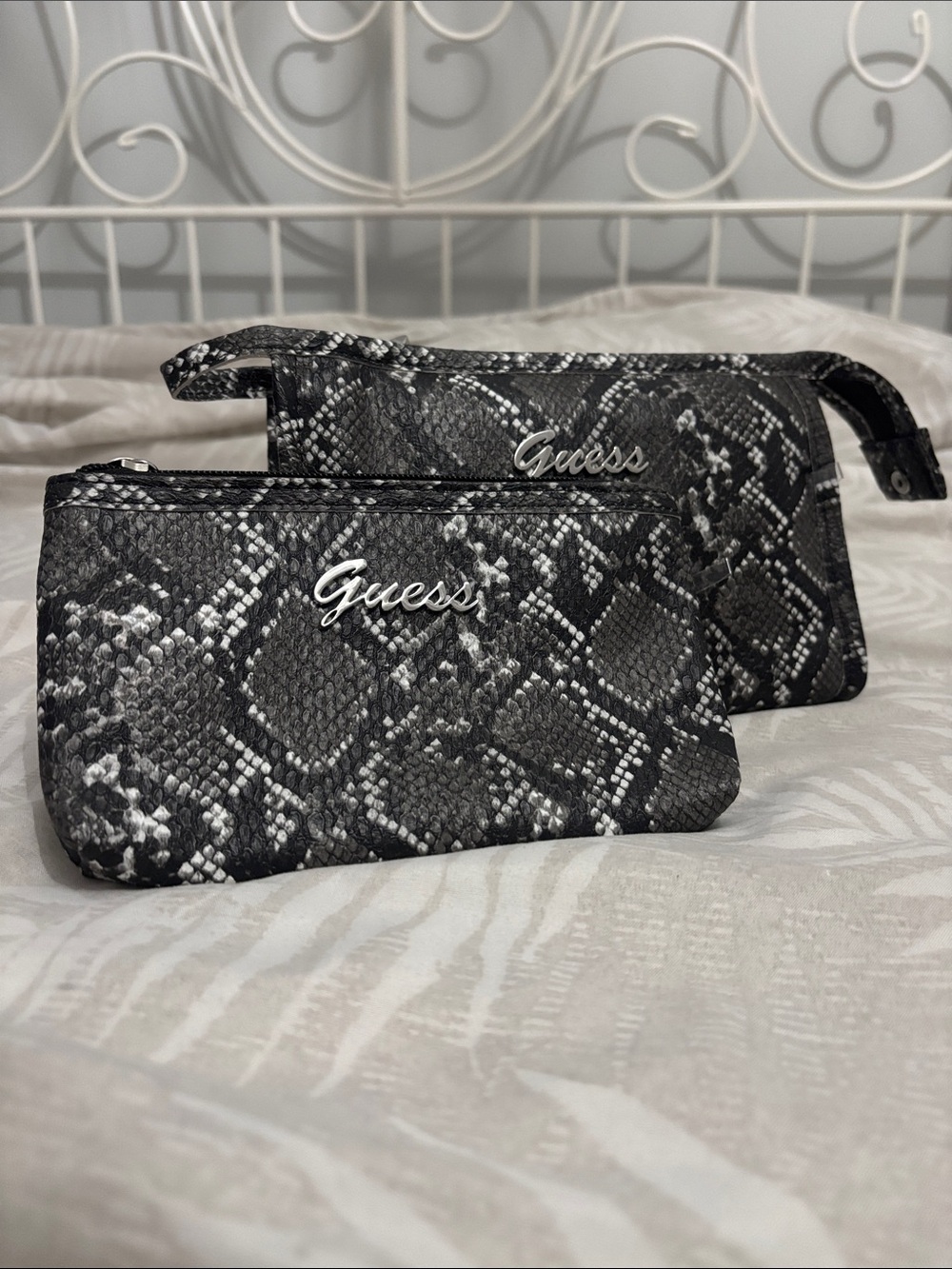 Guess Snake-Print Cosmetic Pouch Set in Black White and Grey